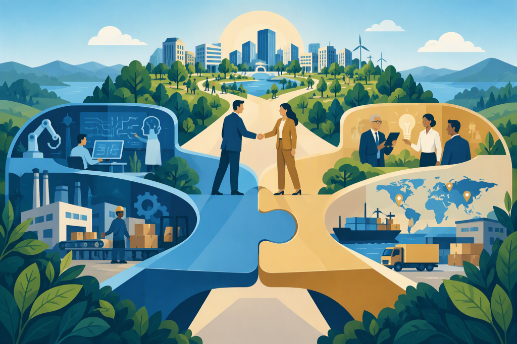 Strategic partnership between two businesses combining complementary strengths through M&A for future growth.
