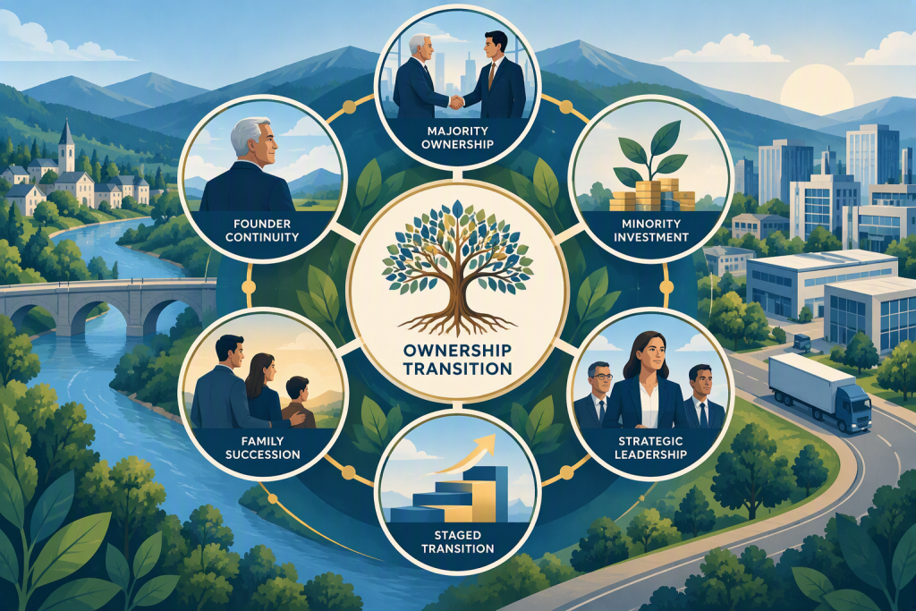 SME M&A ownership transition framework featuring majority ownership, minority investment, founder involvement, strategic leadership, phased succession, and family business continuity.