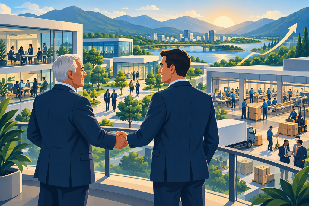 Founder and strategic partner shaking hands as they look toward the future growth of the business after M&A, symbolizing ownership transition, leadership continuity, and long-term collaboration.